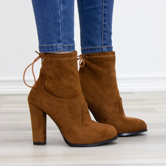 Round Toe Tan Suede Ankle Heeled Boots - Picture 8 of 8